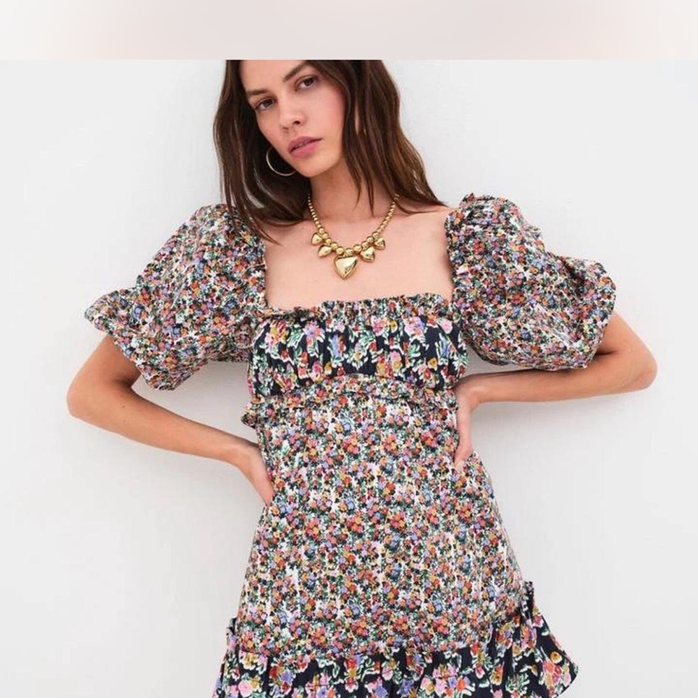 For Love And Lemons Blue Ruched Puff Sleeve Mini Dress